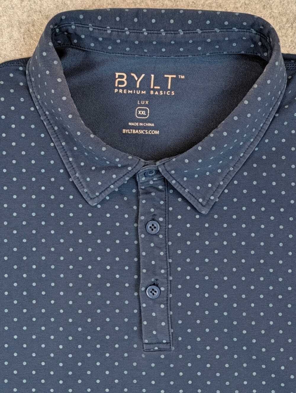 Bylt Drop Cut Lux Polo Shirt Mens XXL Blue Polka Dot XDC Stretch Navy Basics